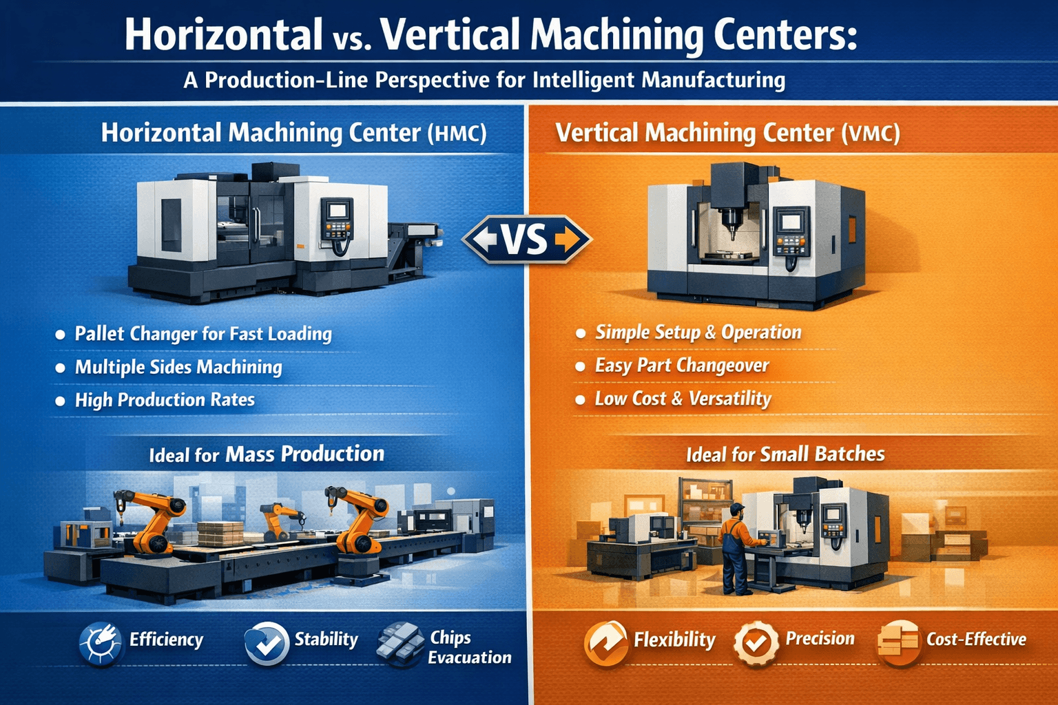 Centros de mecanizado horizontales frente a verticales: una perspectiva de línea de producción para la fabricación inteligente.