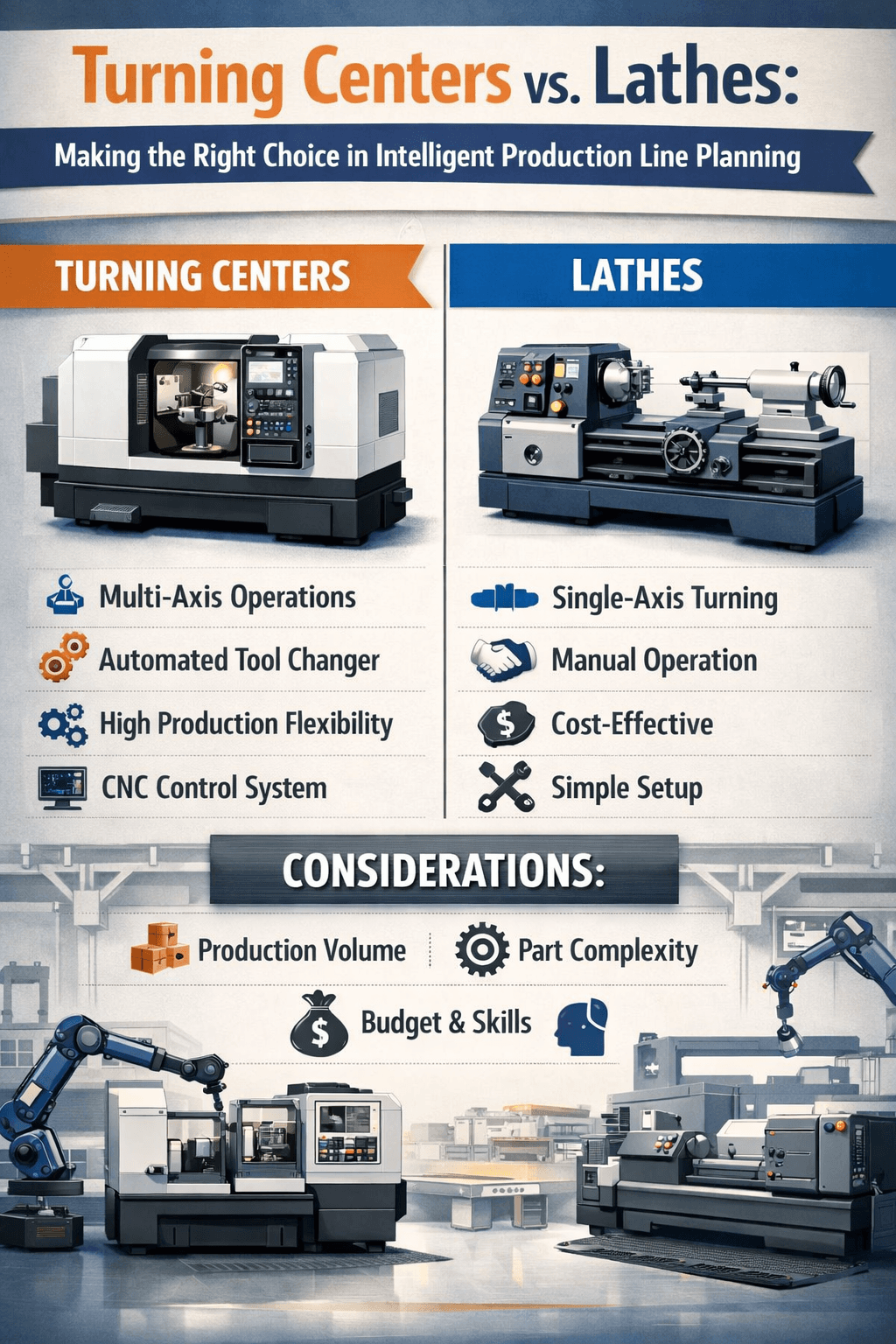 Centros de torneado frente a tornos: Cómo elegir correctamente en la planificación inteligente de líneas de producción.