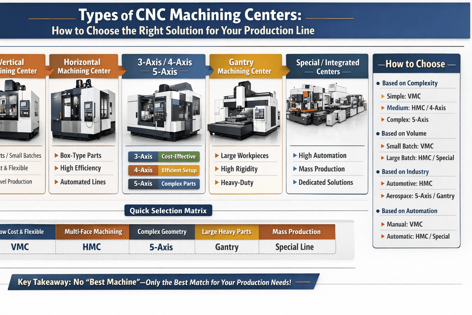 Tipos de centros de mecanizado CNC: Cómo elegir la solución adecuada para su línea de producción